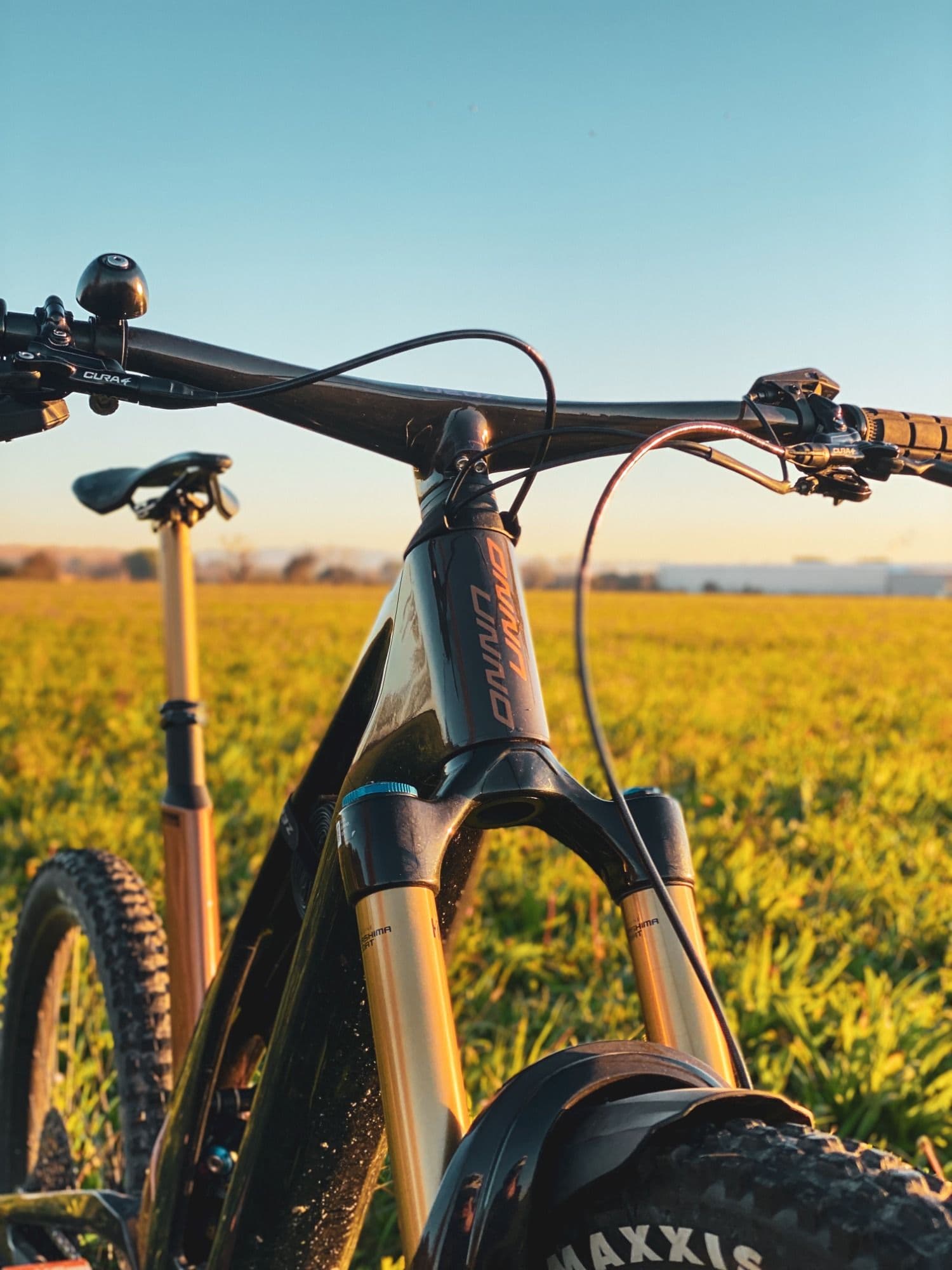 Deltaride MTB E-Mountainbike auf einem Feld bei Sonnenuntergang