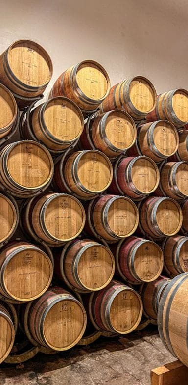 Stacked wooden barrels in a Provençal cellar, symbol of the region's wine heritage